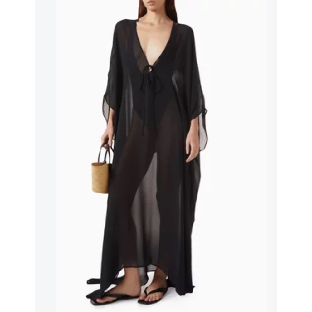 SKIMS Sheer Long Kaftan Obsidian Black Swim Cover Up Large NWT